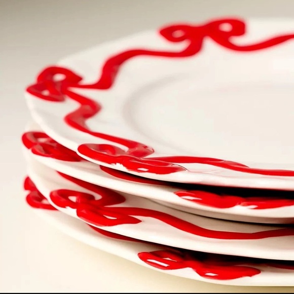 Set of 4 Red Anthropologie Benedita Bow Stoneware Dinner Plates